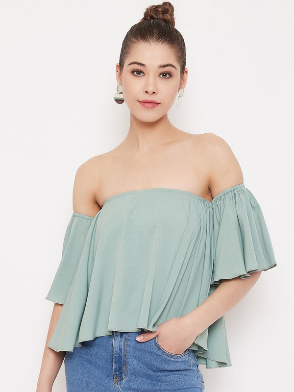 Berrylush Women Green Solid Bardot Top
