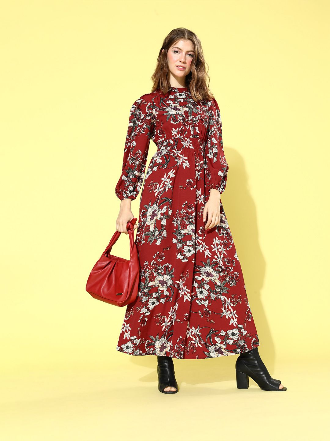 Pakaian Berrylush Wanita Menawan Maroon Floral Puff Sleeves