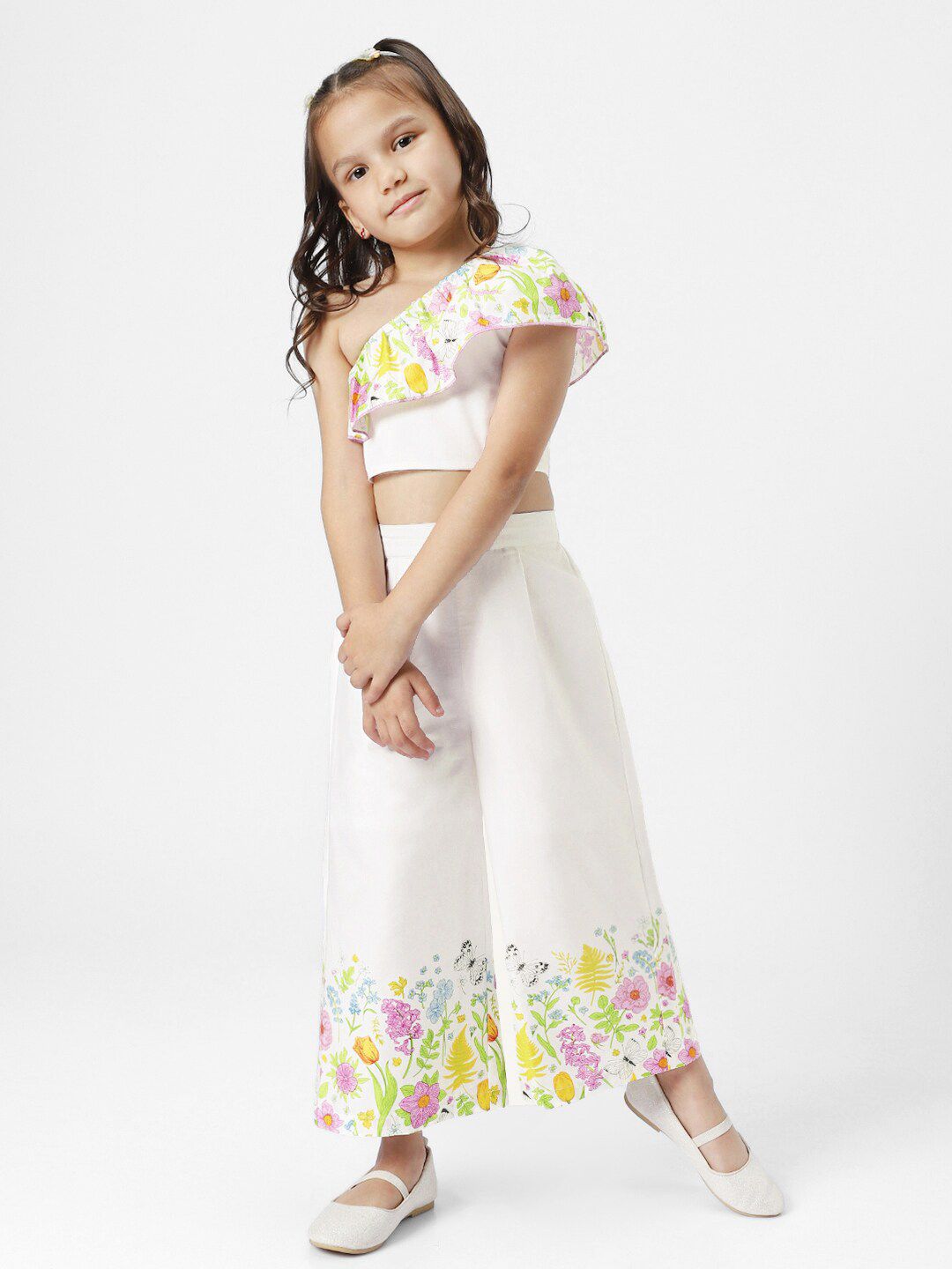 Nauti Nati Girls Printed One Shoulder Ruffles Pure Cotton Top with Trousers