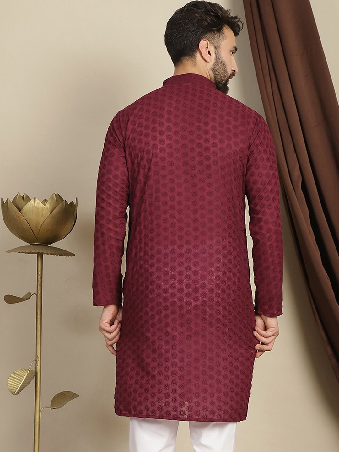 Anouk Striped Mandarin Collar Long Sleeves Cotton Thread Work Kurta