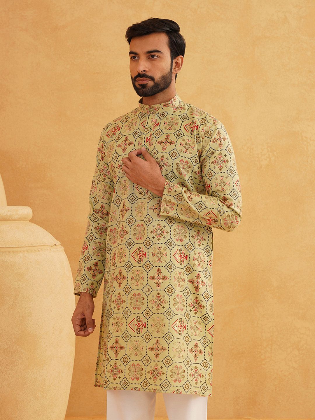 SOJANYA Motif Etnik Bercetak Kolar Jalur Kurta Lurus