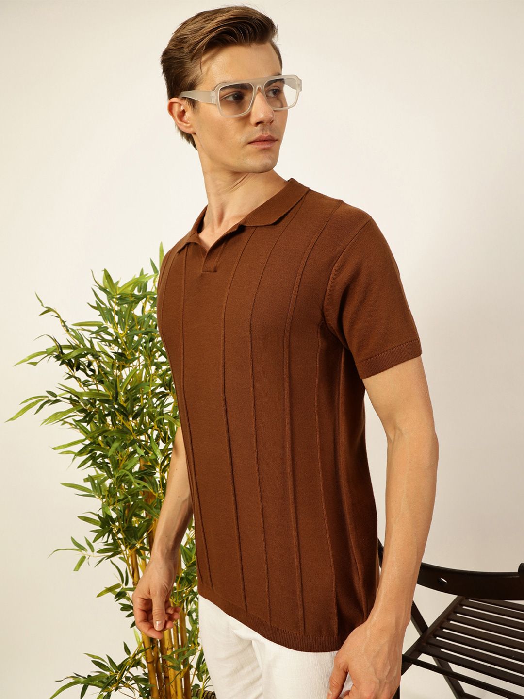Thomas Scott Men Knit Striped Polo Collar T-shirt