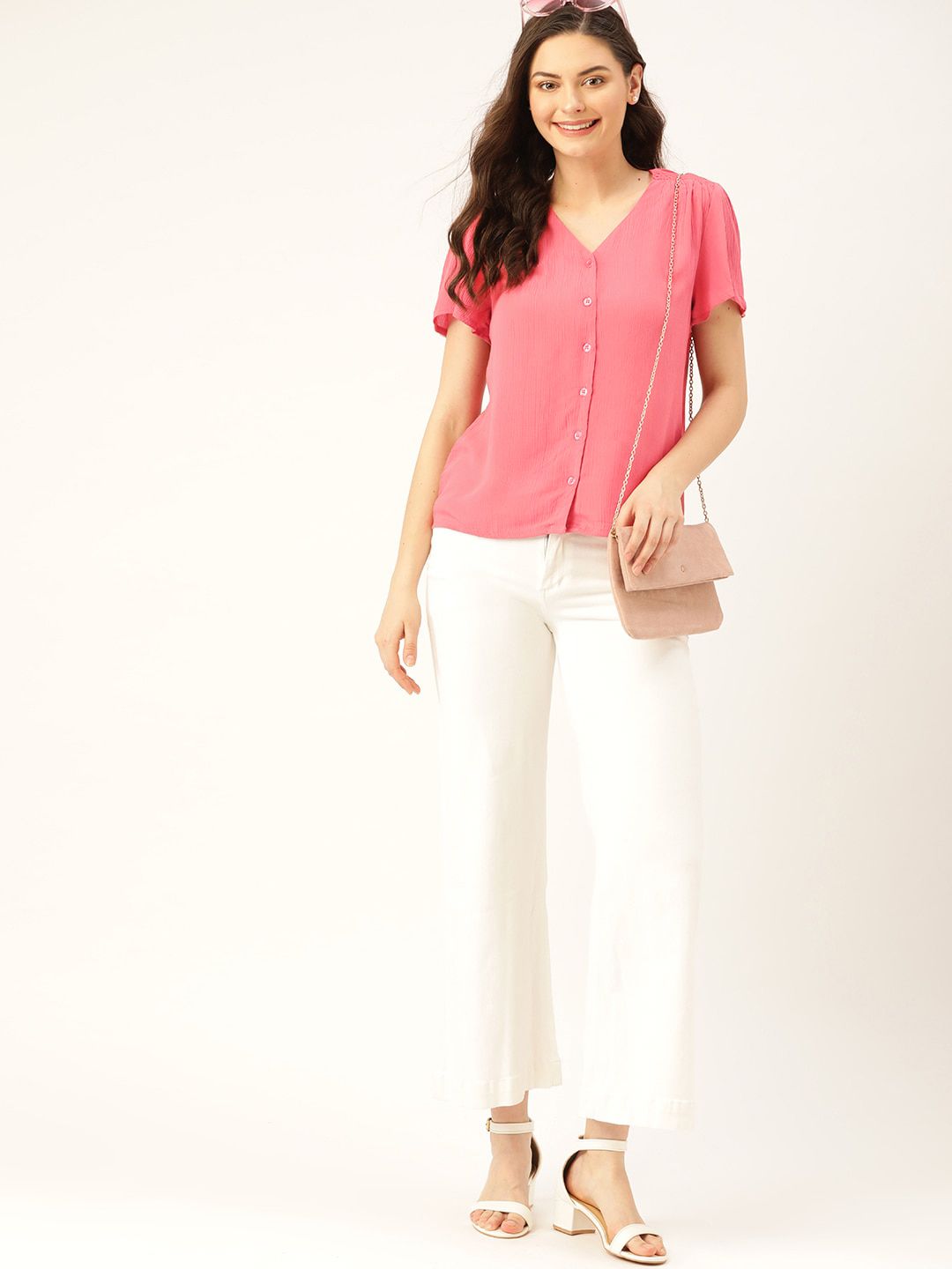 DressBerry Women Pink Crinkled Solid Top