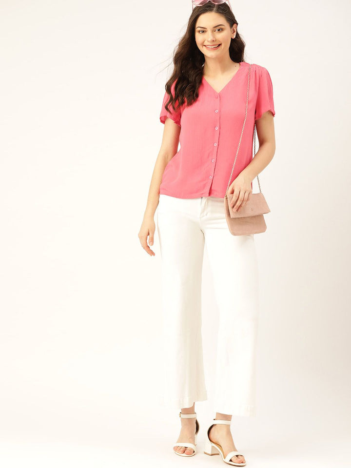 DressBerry Women Pink Crinkled Solid Top