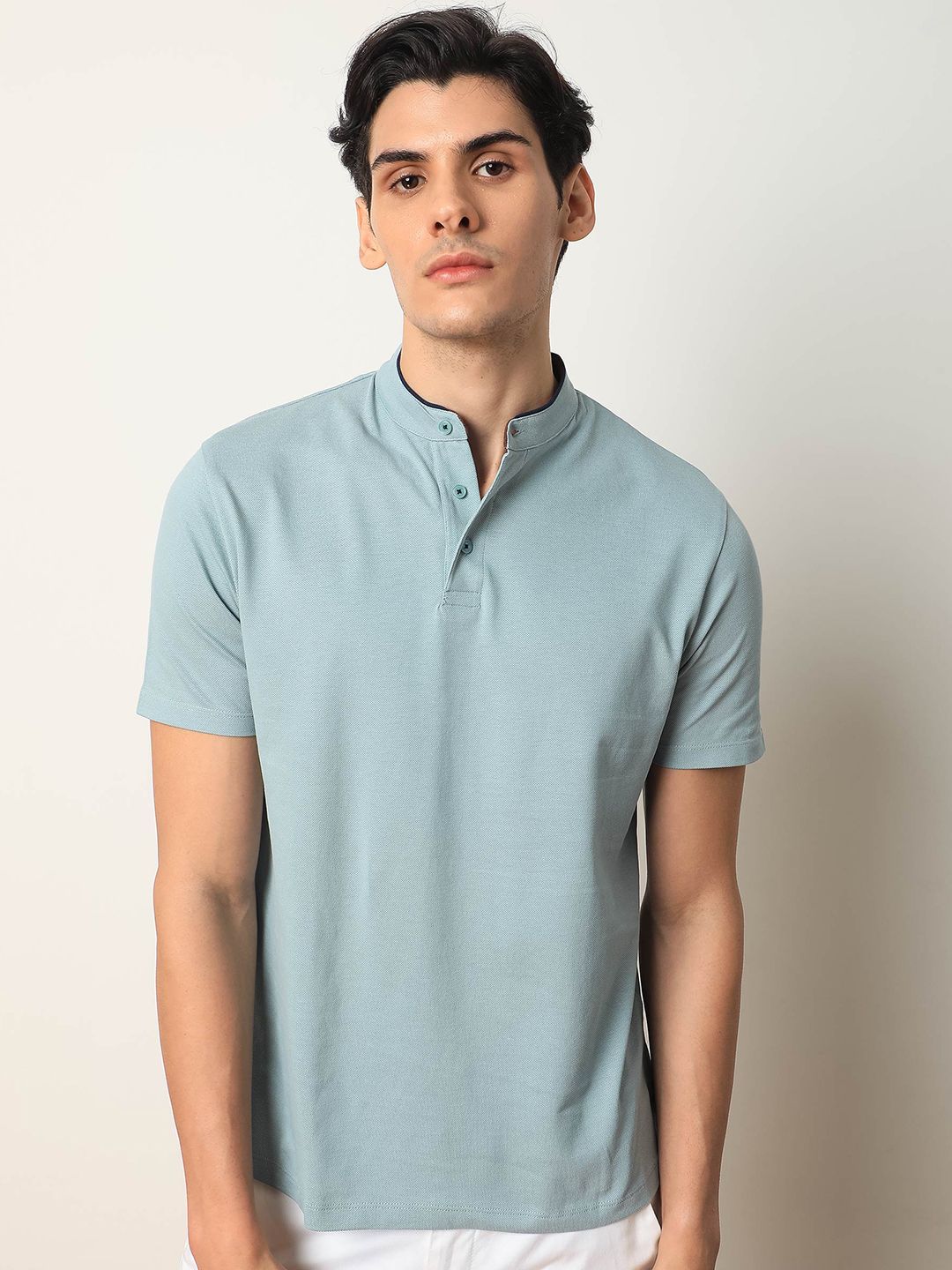 RARE RABBIT Men Barrie Mandarin Collar Cotton Slim Fit T-Shirt