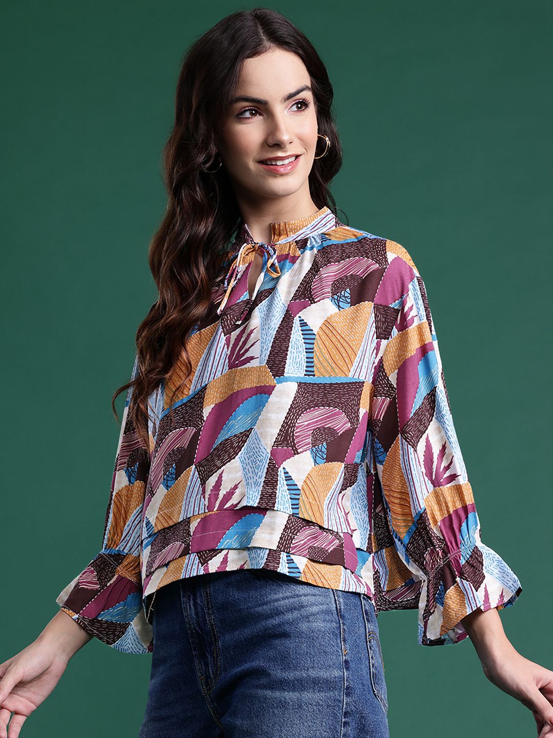 DressBerry Printed Tie-Up Neck Layered Top