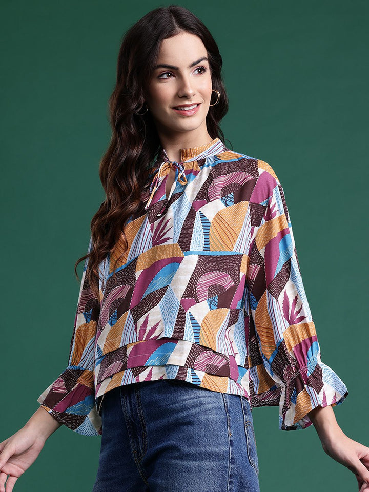 DressBerry Printed Tie-Up Neck Layered Top