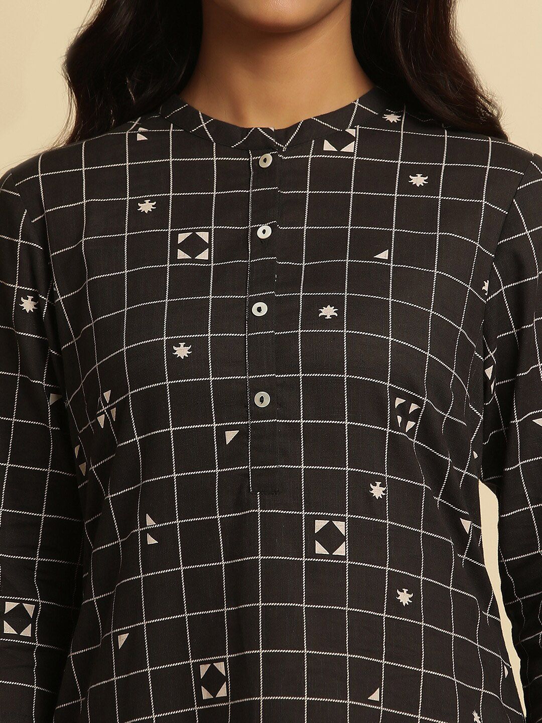 W Checked Mandarin Collar Pure Cotton Straight Kurta