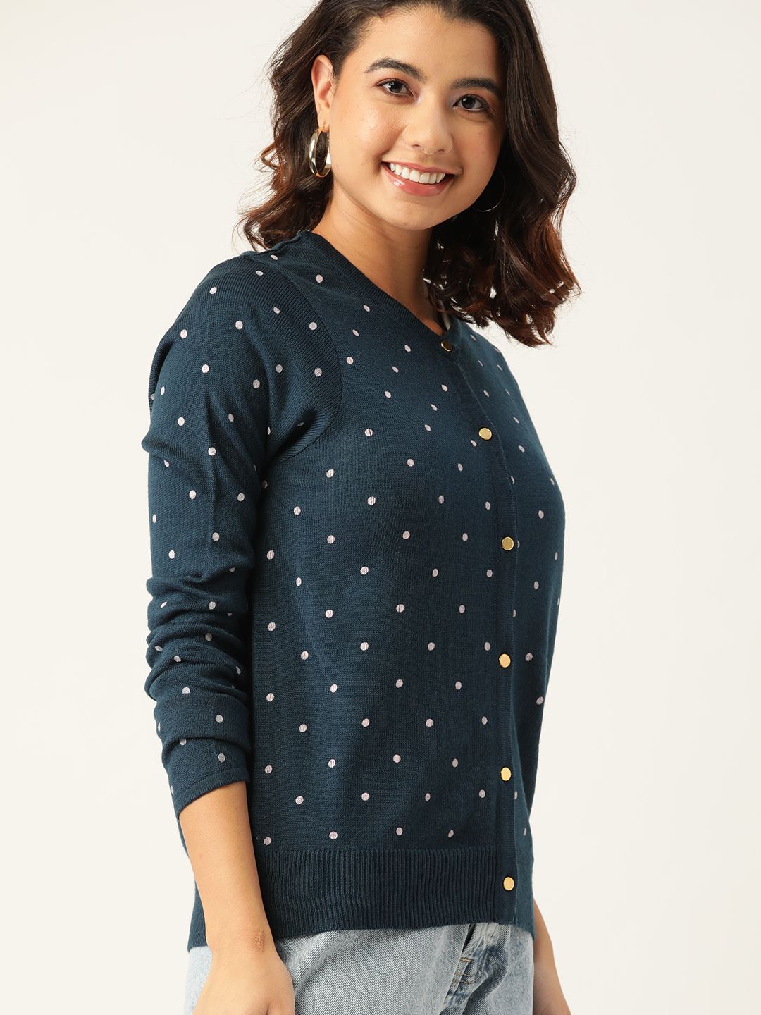 DressBerry Women Navy Blue & Off-White Acrylic Printed Cardigan