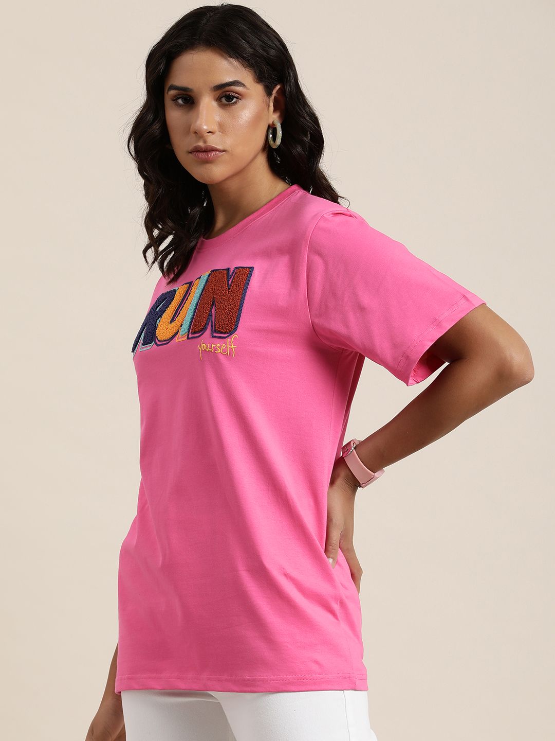 Difference of Opinion Typography Embroidered Oversized Pure Cotton Longline T-shirt