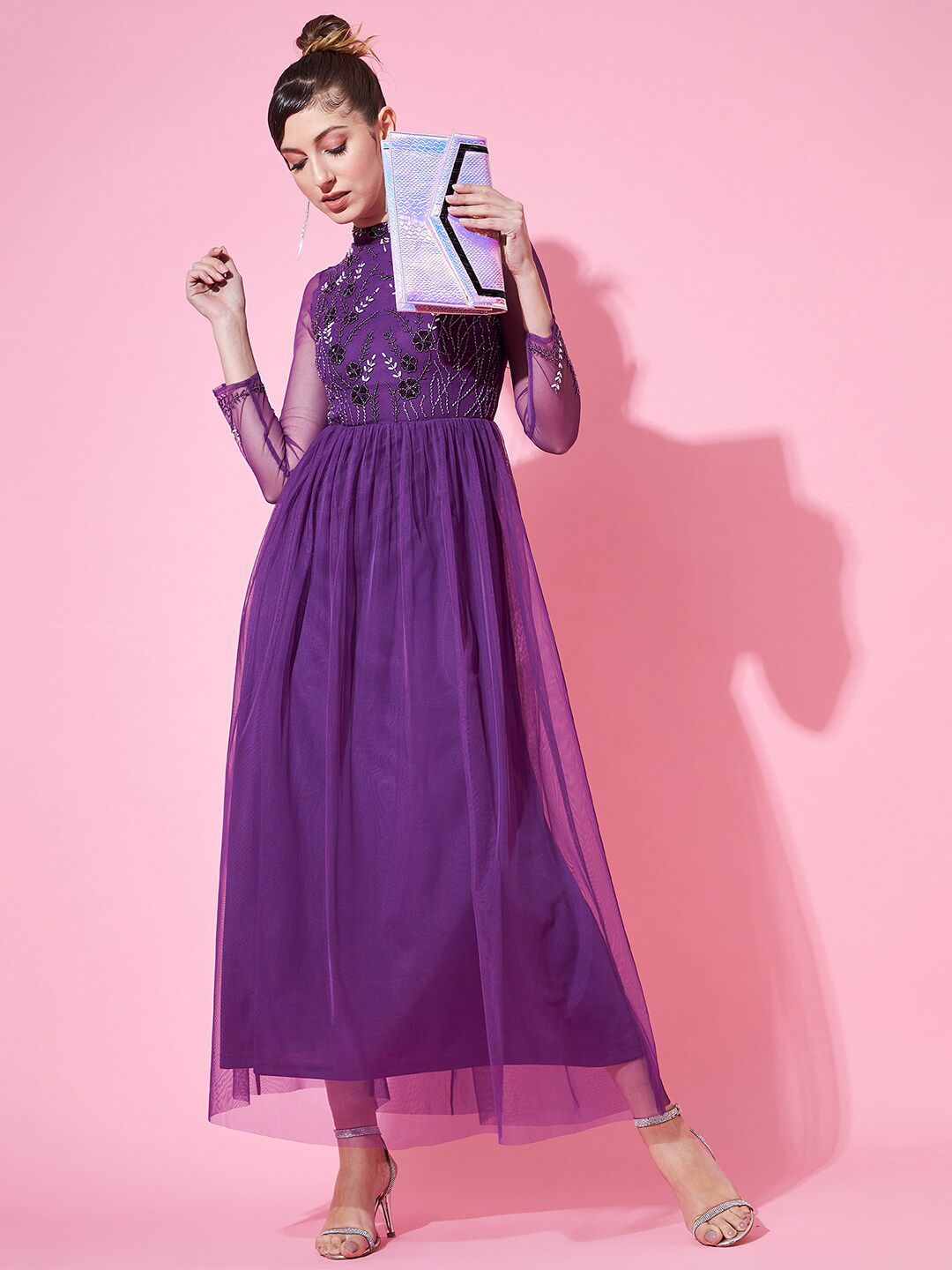 STREET 9 Purple Embellished Net Maxi Maxi Dress