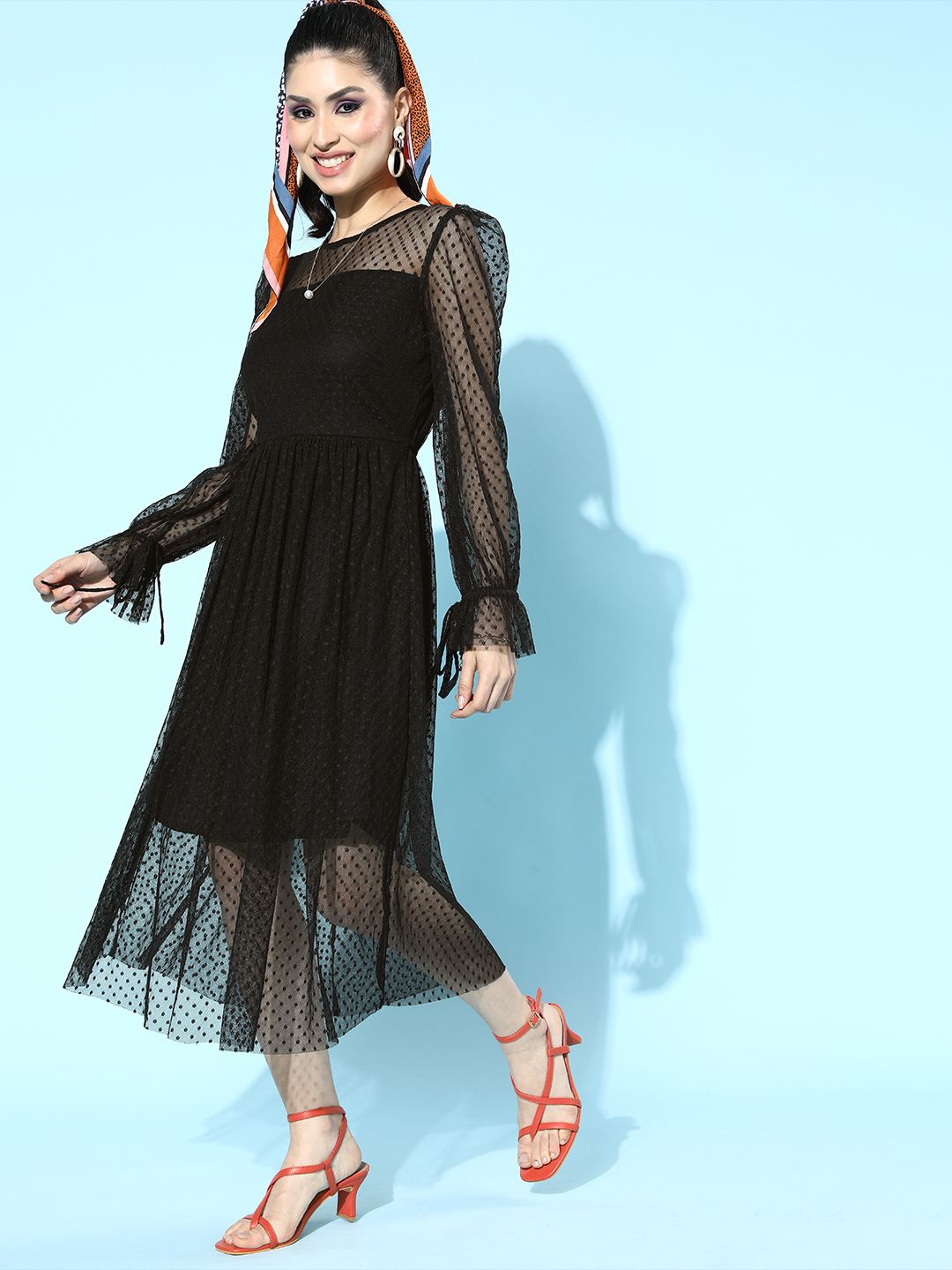 Athena Women Stylish Black Self Design Tulle Dress