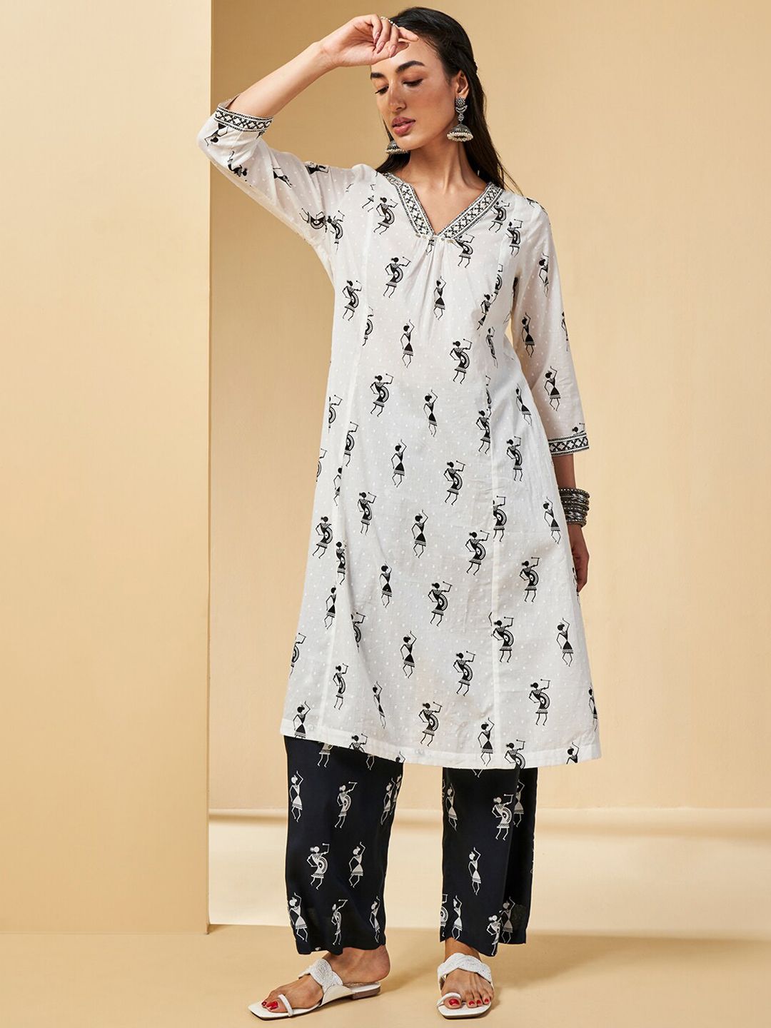 Global Desi Embroidered Flared Sleeves Thread Work Cotton Kurta