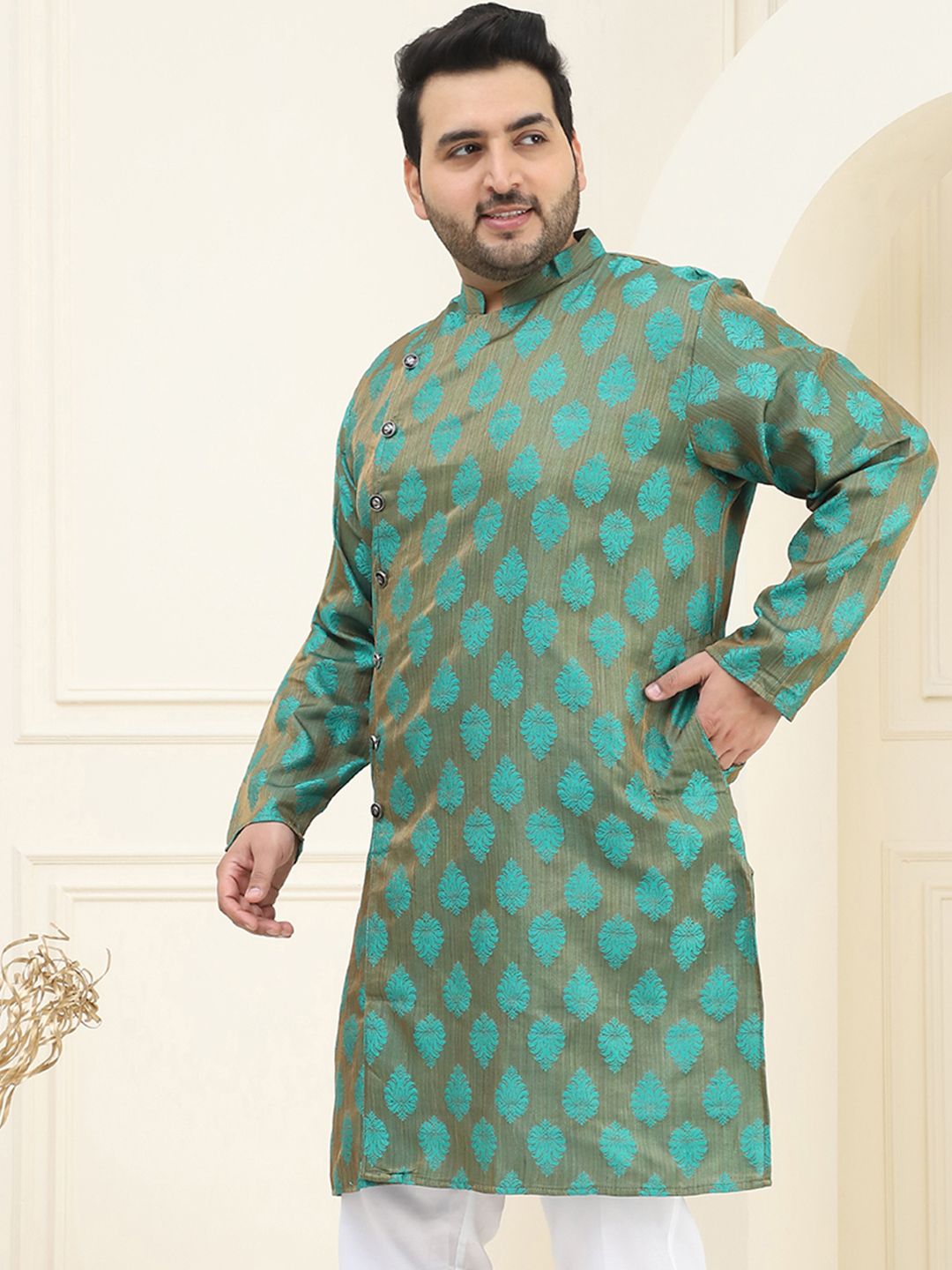 SOJANYA PLUS Size Men Green & Copper Woven Design Indie Prints Jacquard Kurta