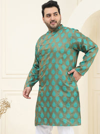 SOJANYA PLUS Size Men Green & Copper Woven Design Indie Prints Jacquard Kurta