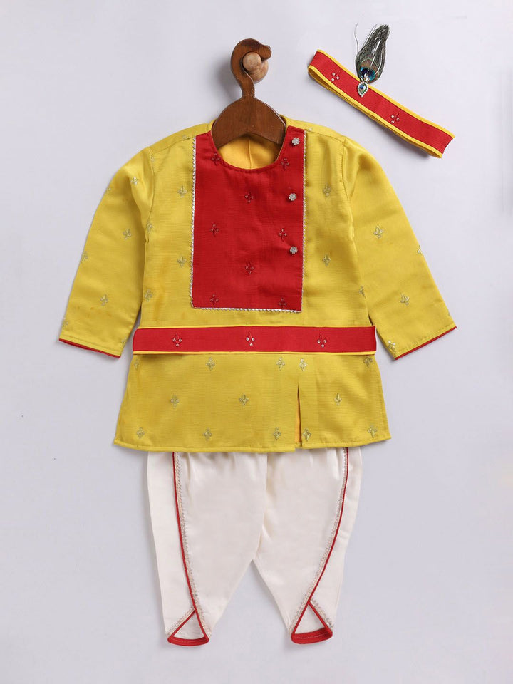 VASTRAMAY Boys Floral Embroidered Regular Sequinned Angrakha Kurta With Dhoti Pants