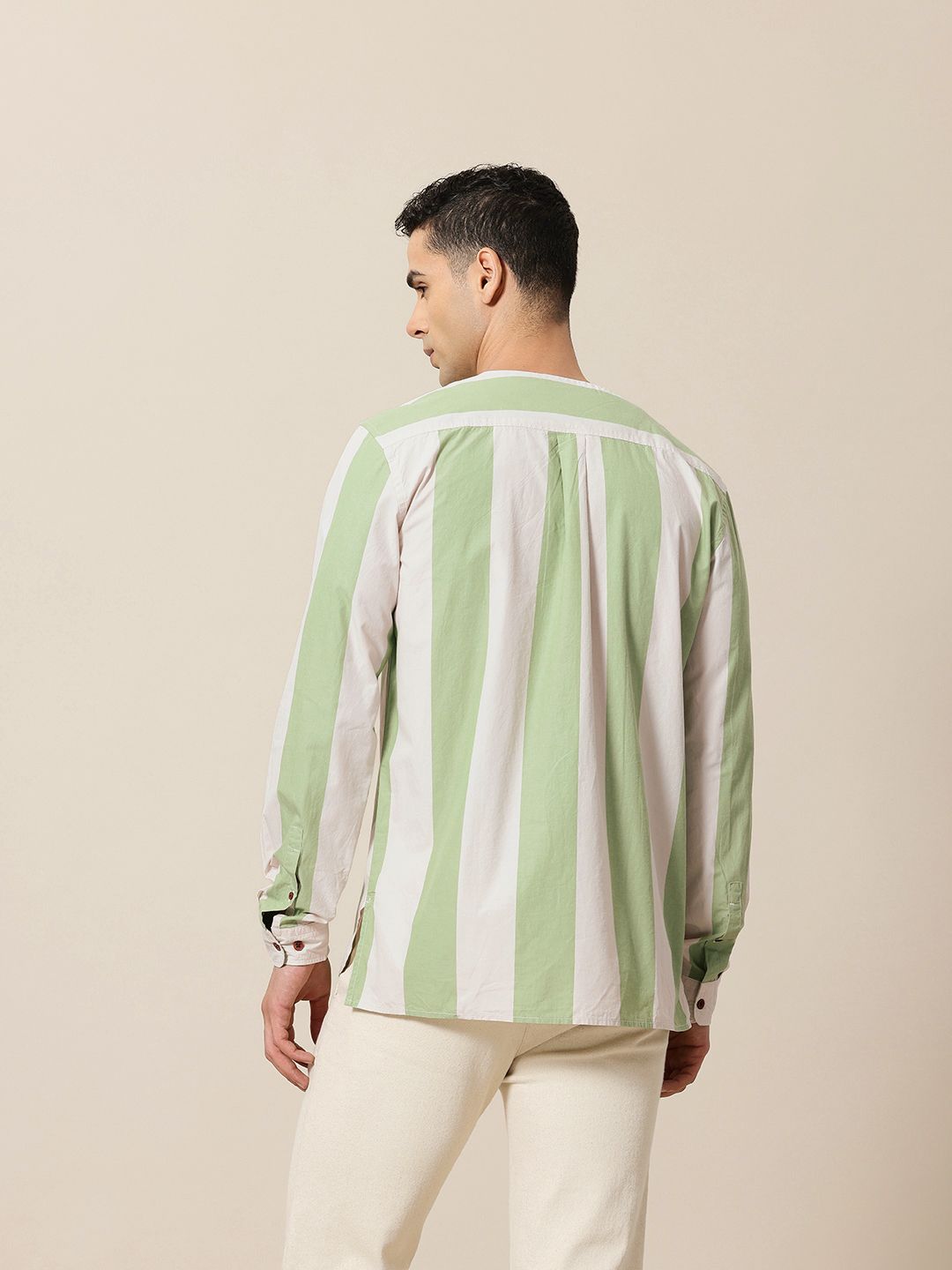 Mr Bowerbird Pure Cotton Collarless Striped Liberal Fit Casual Shirt