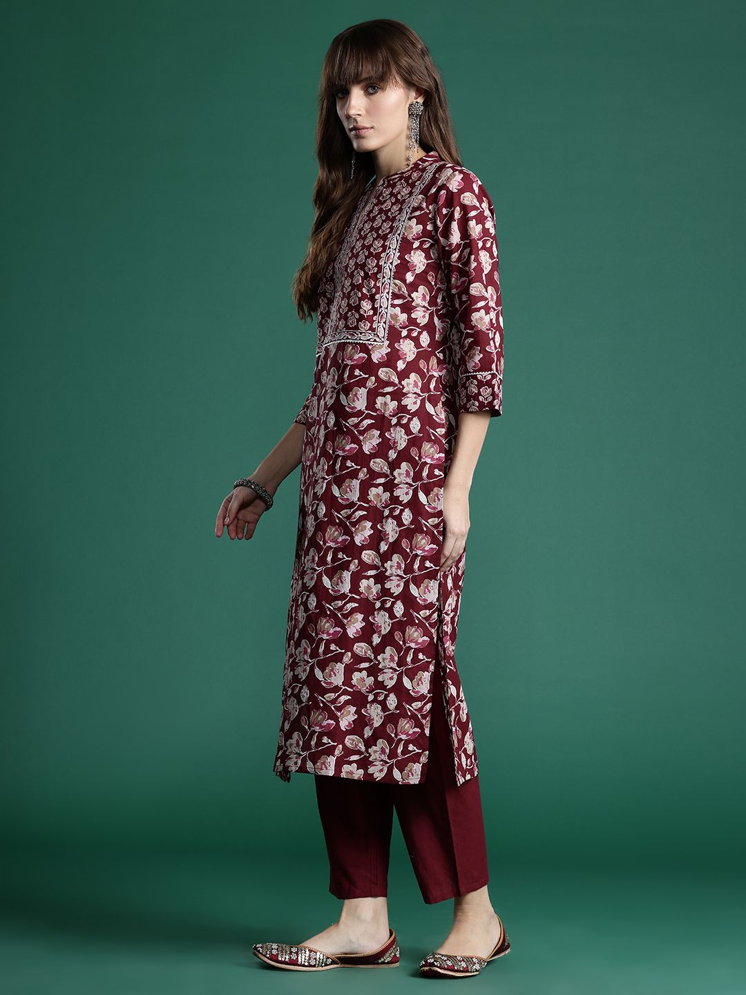Indo Era Floral Printed Pure Cotton Kurta With Trousers & Dupatta