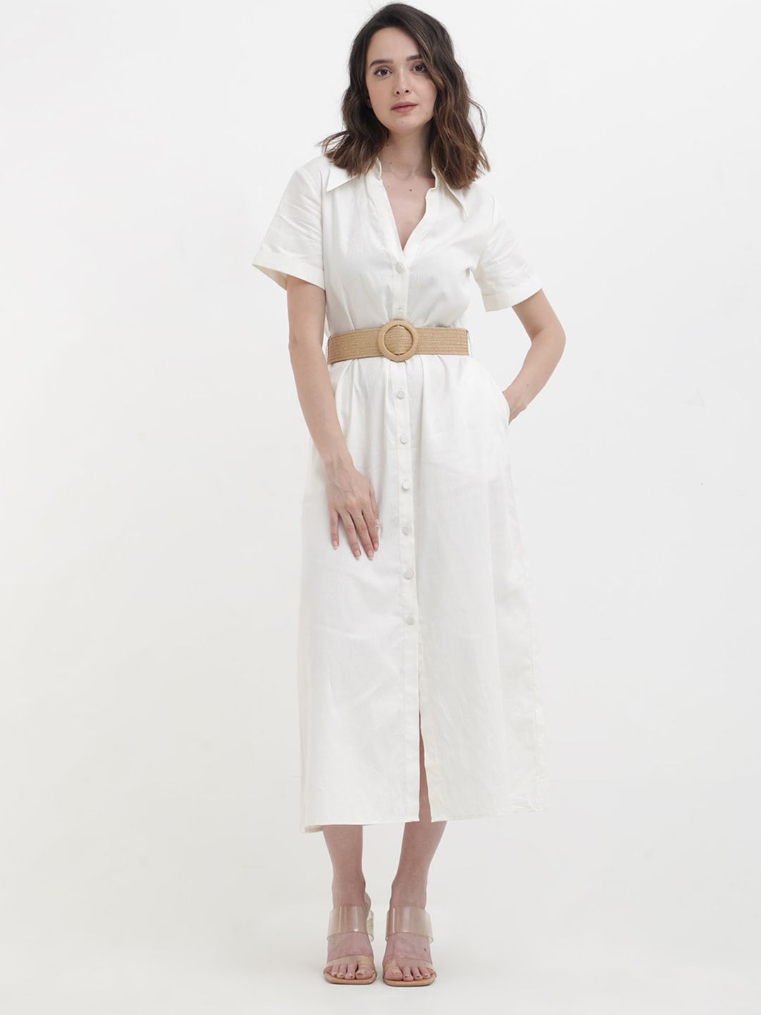 RAREISM Shirt Collar Cotton A-Line Midi Dress