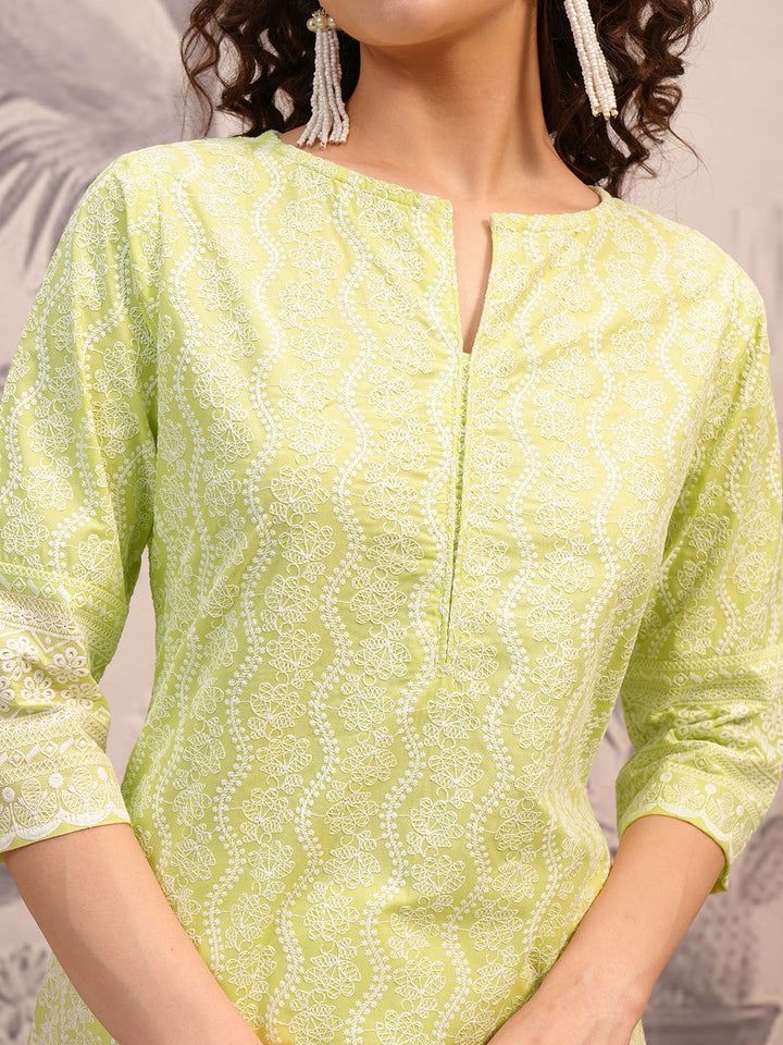 Vishudh Lime Green Floral Embroidered Straight Kurta
