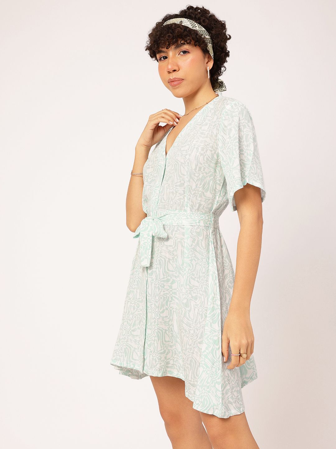 DressBerry Pastel Abstract A-Line Mini Dress with Belt