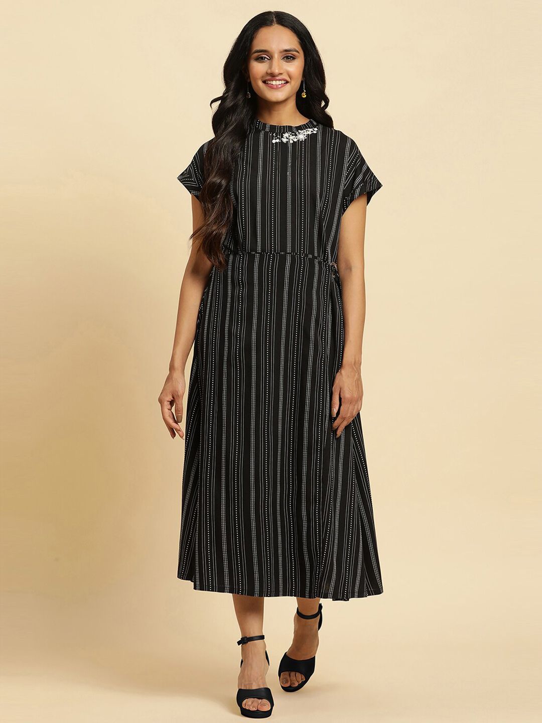 W Striped Cotton A-Line Midi Dress