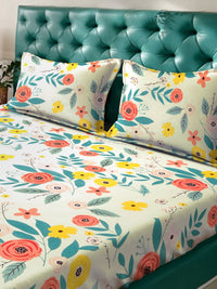 KLOTTHE White Floral Cotton 300 TC Cadar Katil King dengan 2 Sarung Bantal-98 x 87 inci
