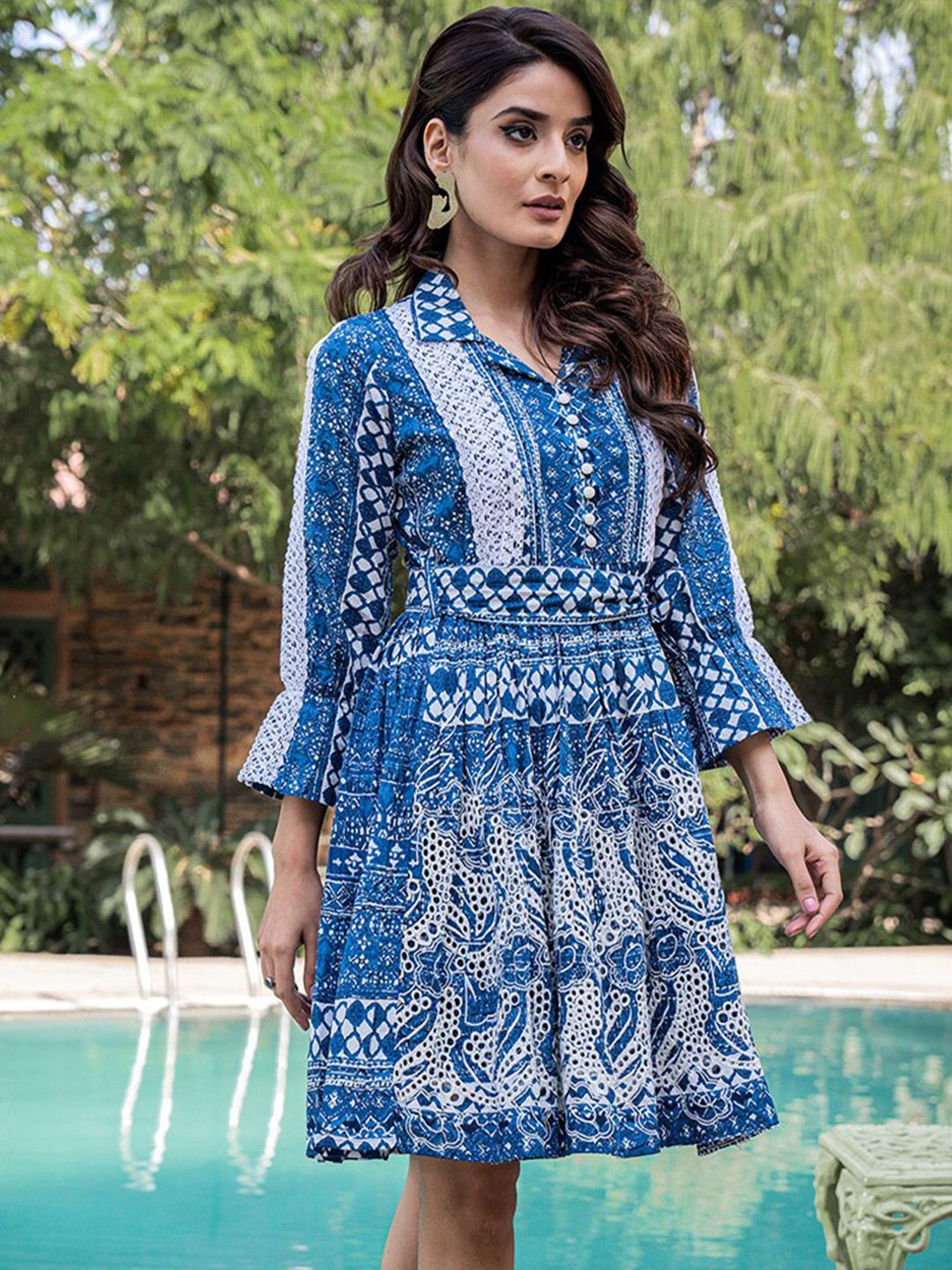 Vishudh Ethnic Motifs Print Bell Sleeve Fit & Flare Pure Cotton Ethnic Dress