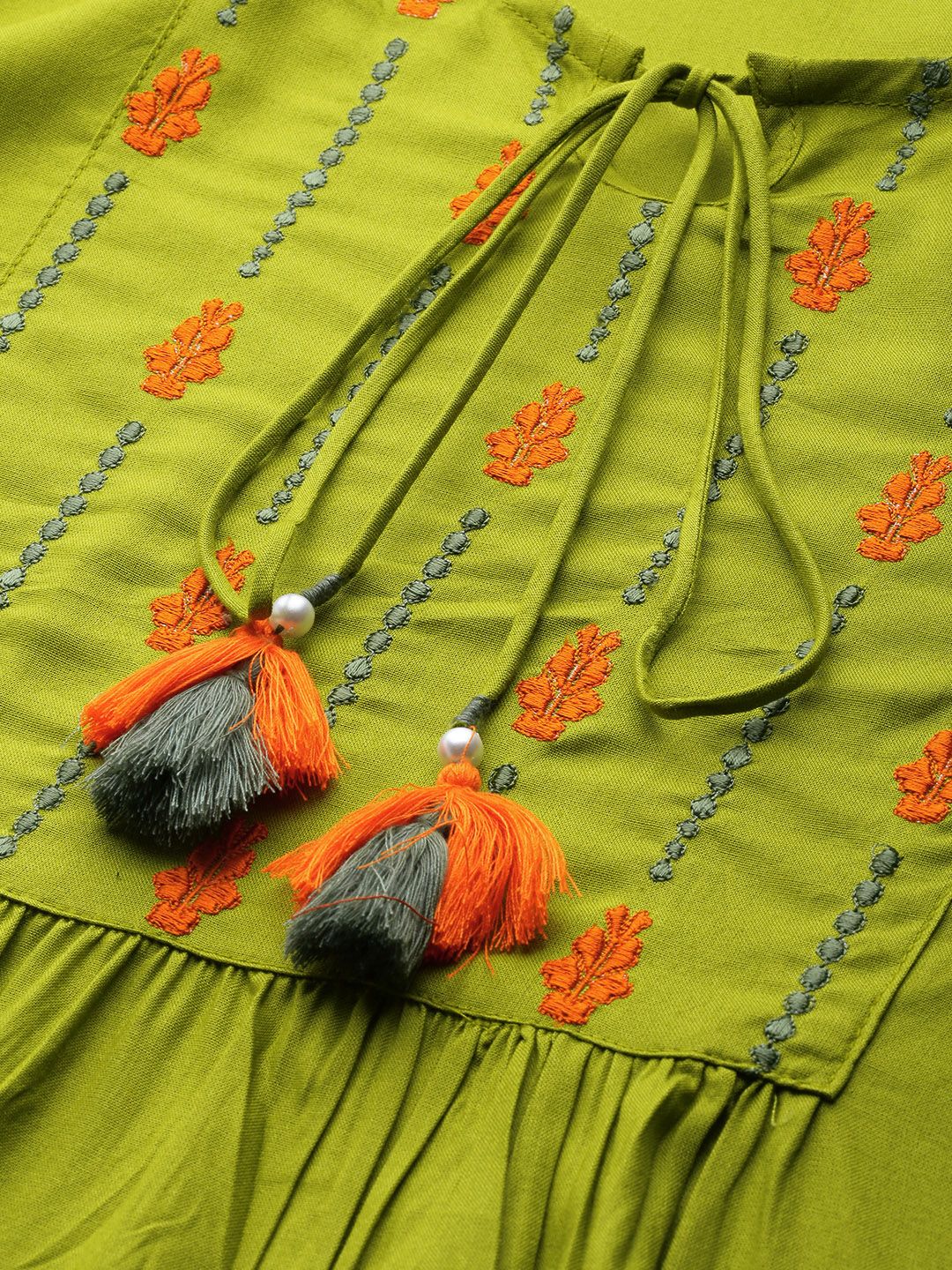 all about you Green Ethnic Motifs Embellished Thread Work Empire Styled Kurti