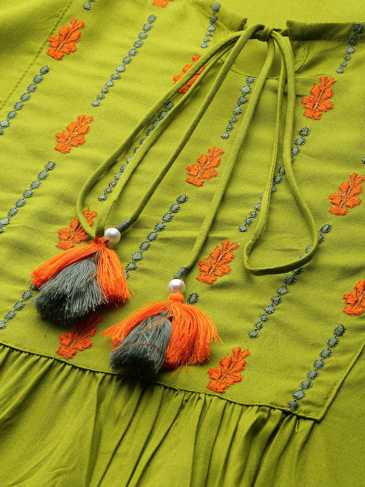 all about you Green Ethnic Motifs Embellished Thread Work Empire Styled Kurti