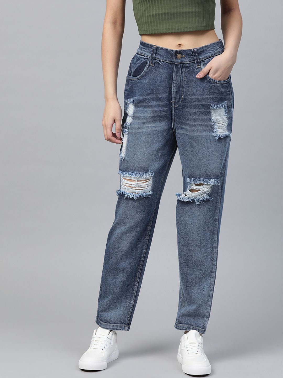 SASSAFRAS Women Blue Pure Cotton Comfort Fit High-Waist Highly Distressed Jeans