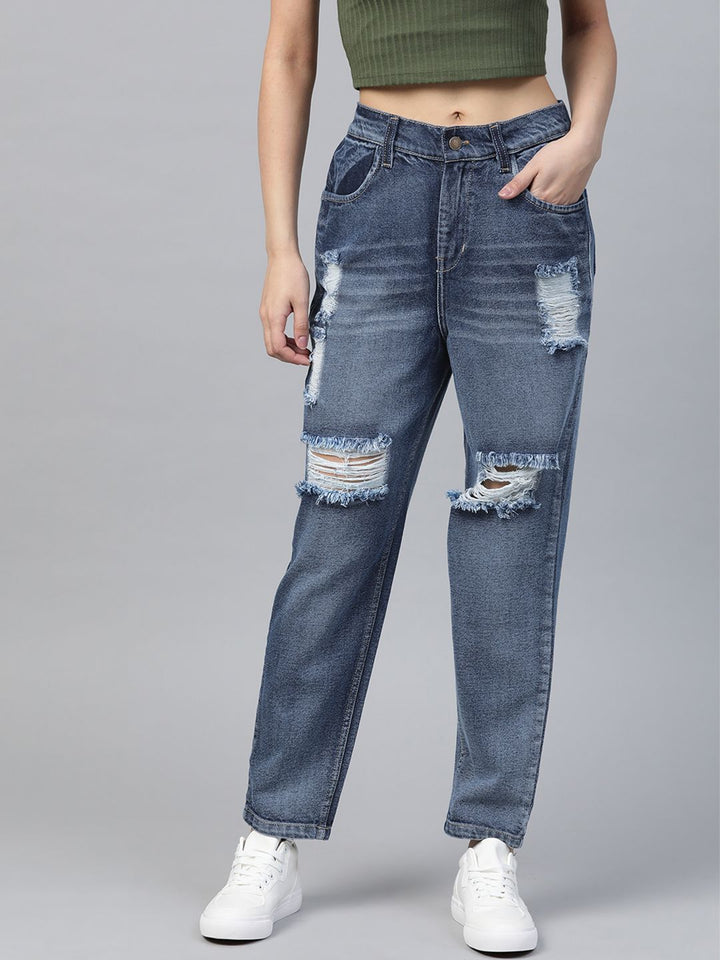 SASSAFRAS Women Blue Pure Cotton Comfort Fit High-Waist Highly Distressed Jeans