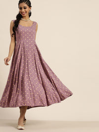 Shae by SASSAFRAS Women Lavender & Golden Liva Foil Printed A-Line Dress