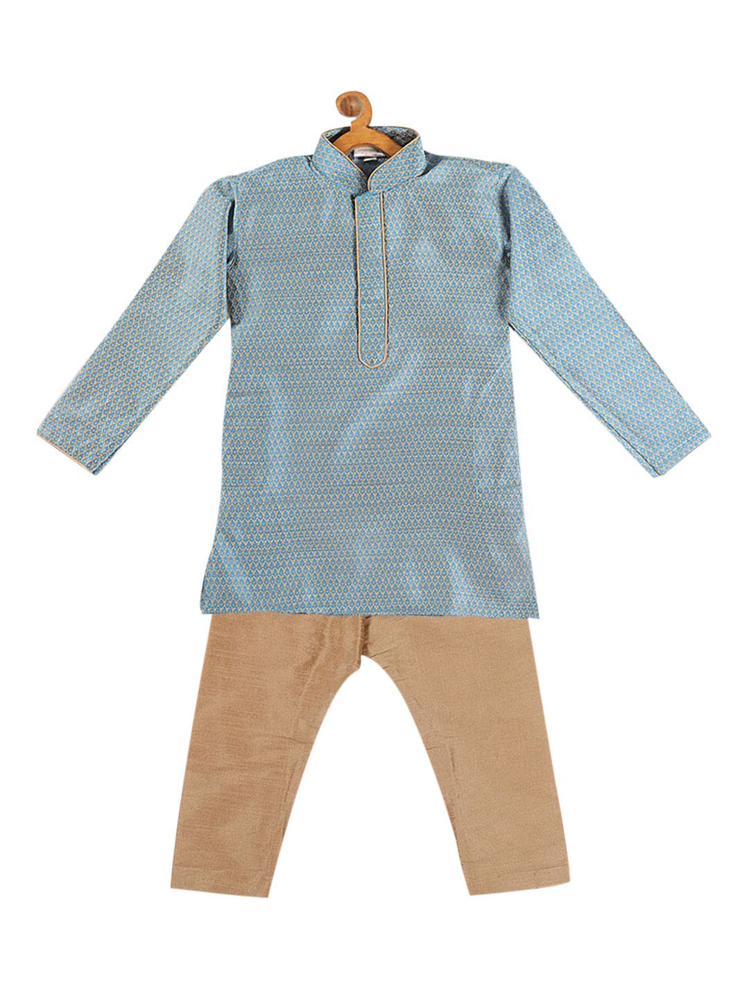 VASTRAMAY Infant Boys Blue & Rose Gold Silk Blend Kurta & Pyjamas