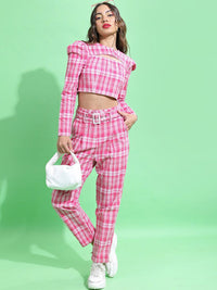 Tokyo Talkies Pink Checked Pure Cotton Top With Trouser