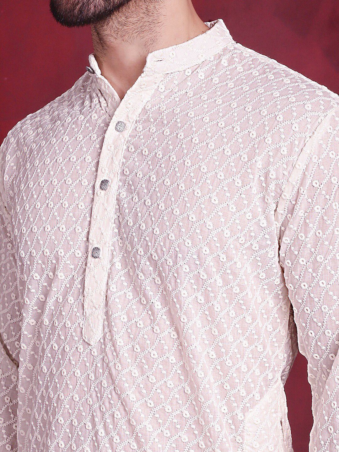 Jompers Ethnic Motifs Embroidered Band Collar Chikankari Cotton Straight Kurta