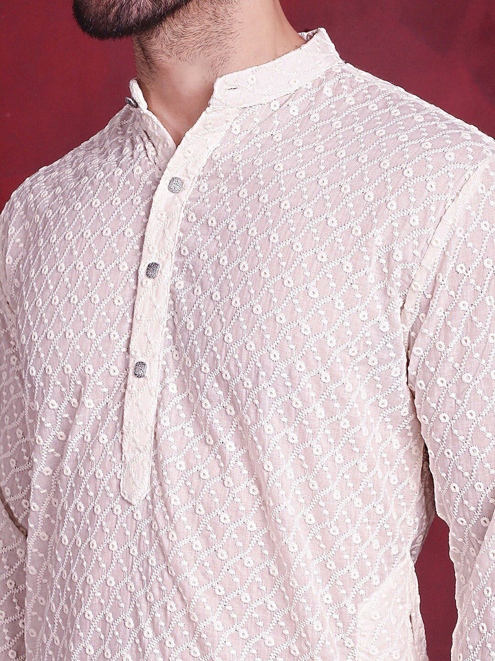 Jompers Ethnic Motifs Embroidered Band Collar Chikankari Cotton Straight Kurta