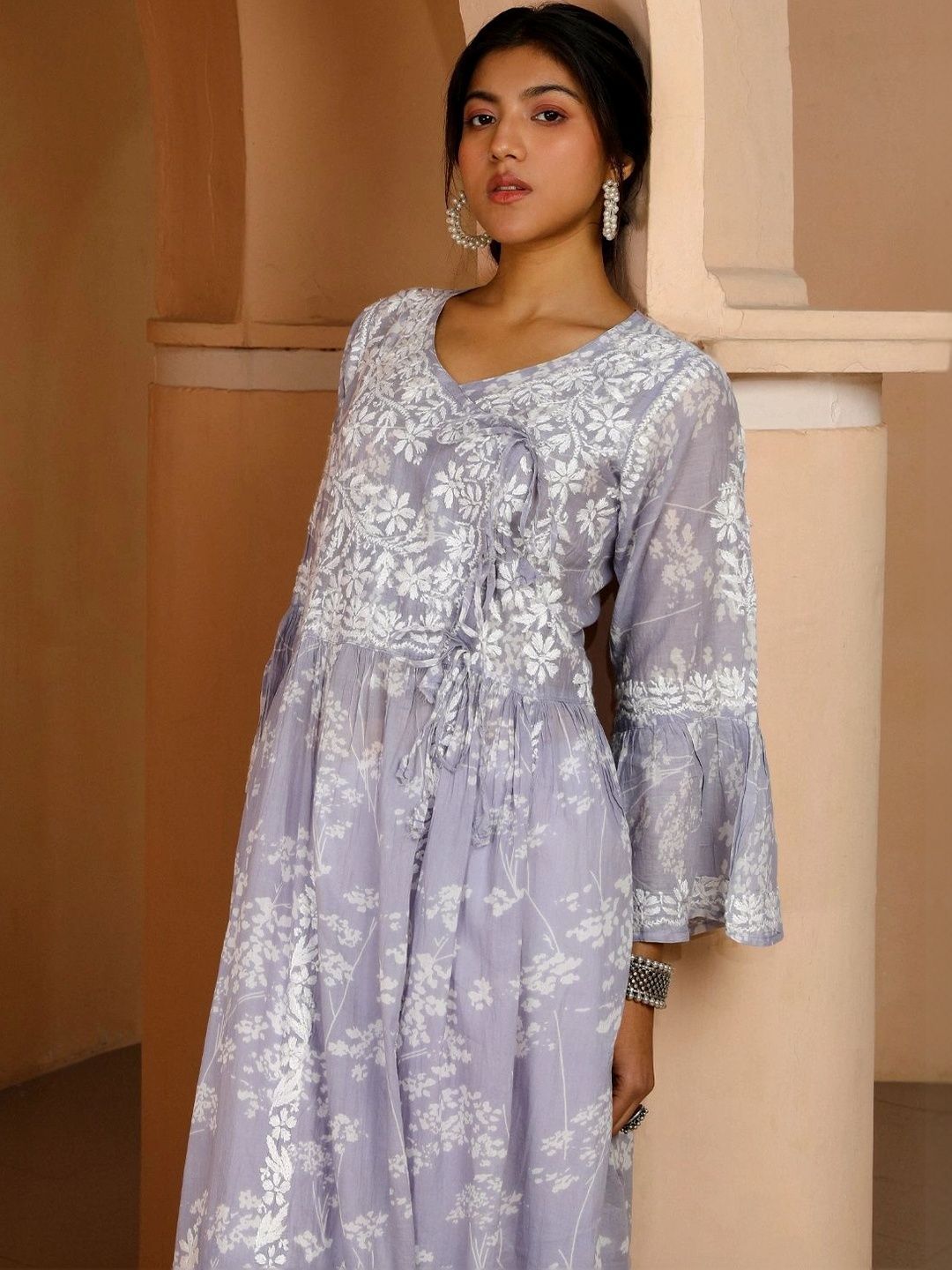 Rumah Wanita Chikankari Lengan Loceng Sulam Bunga Chikankari Kurta