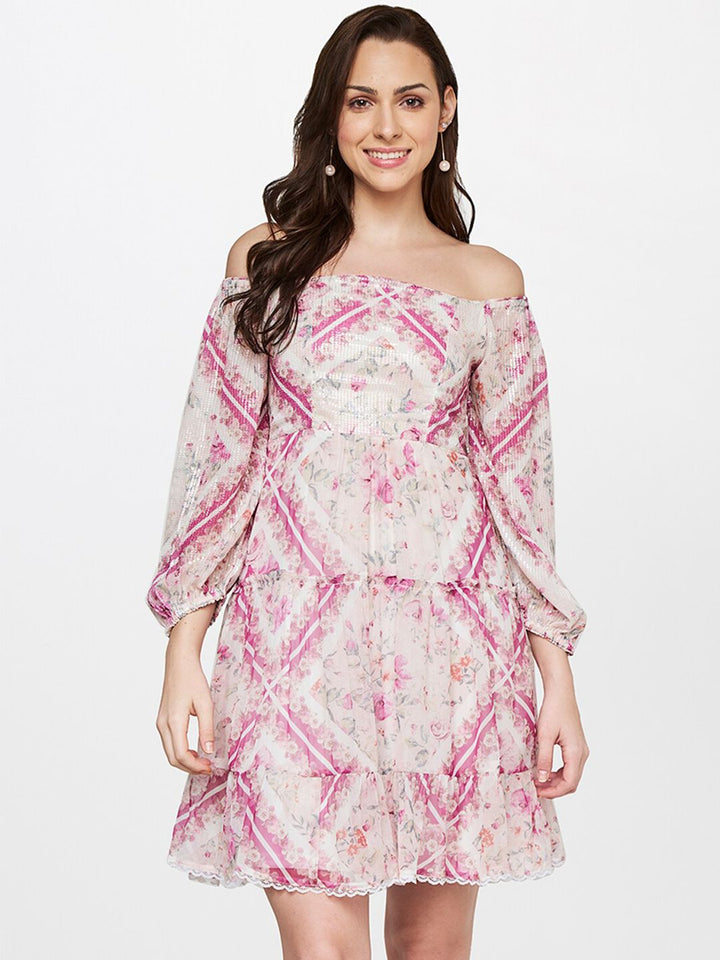 AND Women Cream-Coloured Floral Off-Shoulder Dress