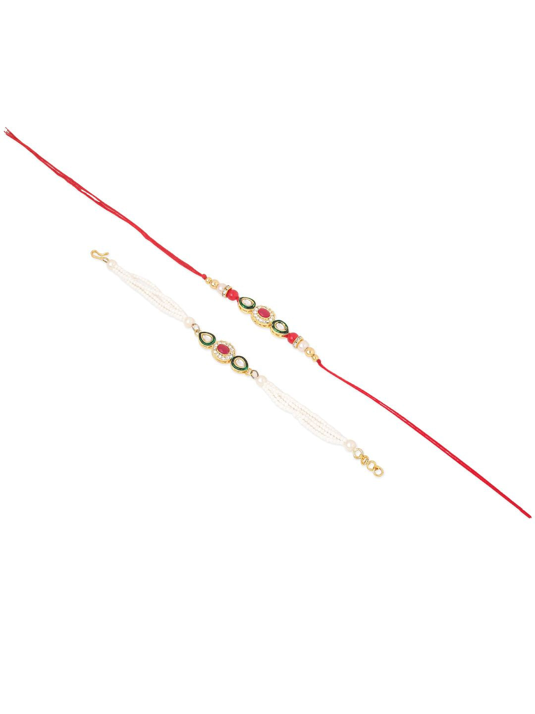 NVR Set of 2 Multicolor Oval Kundan Studded Bhaiya Bhabhi Rakhi with Roli Chawal