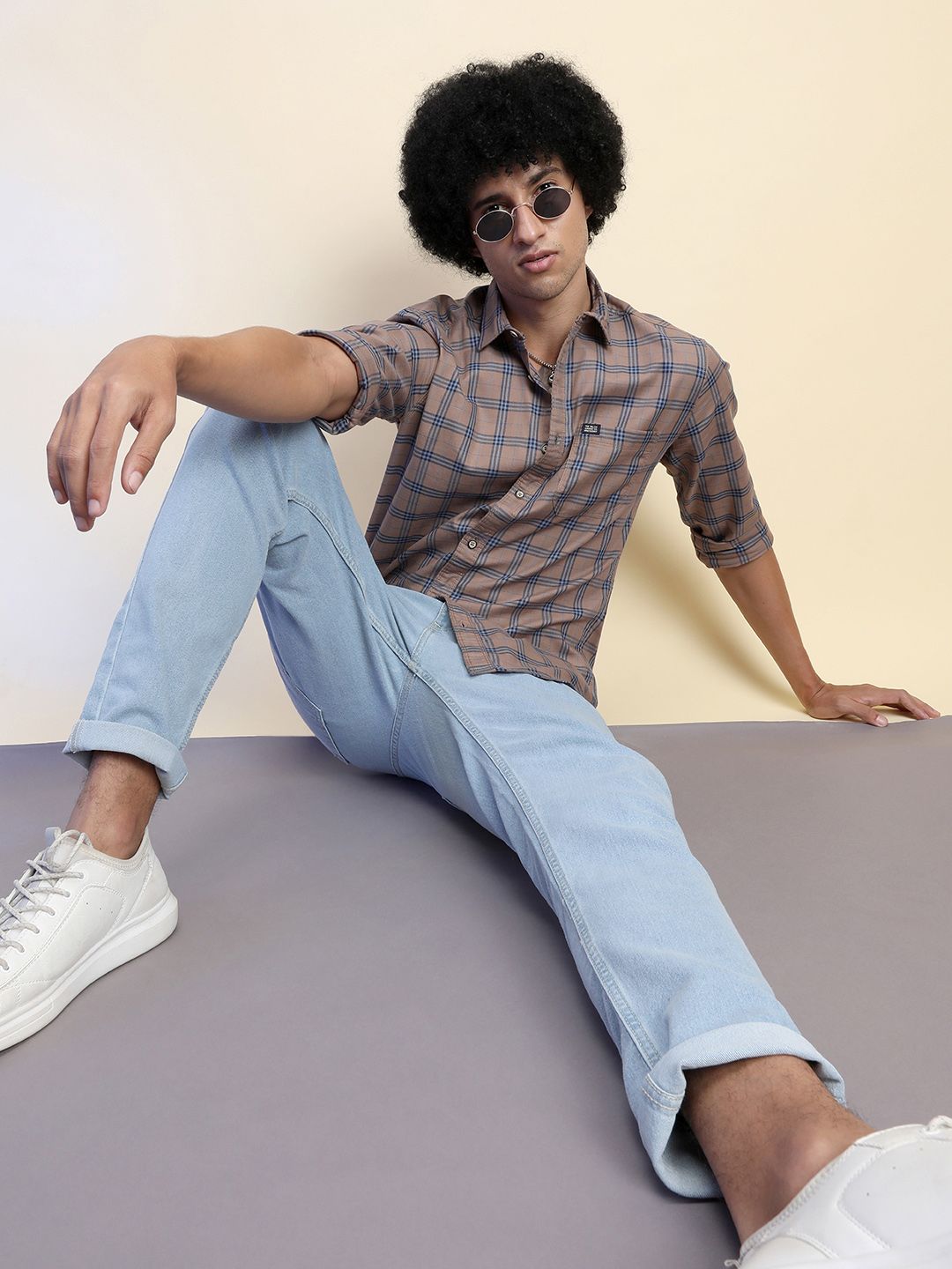 The Indian Garage Co Men Beige & Navy Blue Slim Fit Printed Casual Shirt