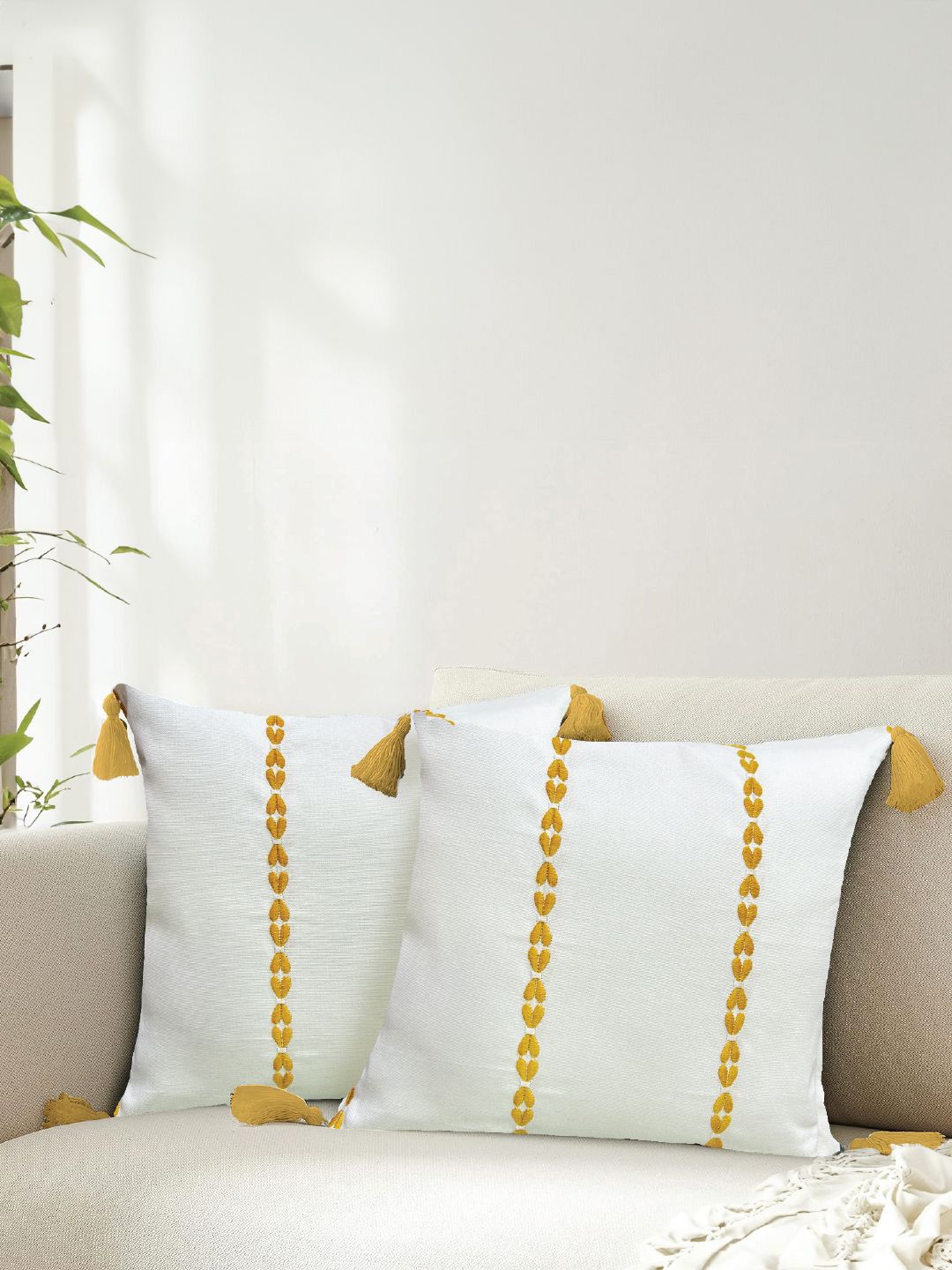 URBAN SPACE Yellow & White 2 Pieces Embroidered Pure Cotton Square Cushion Covers