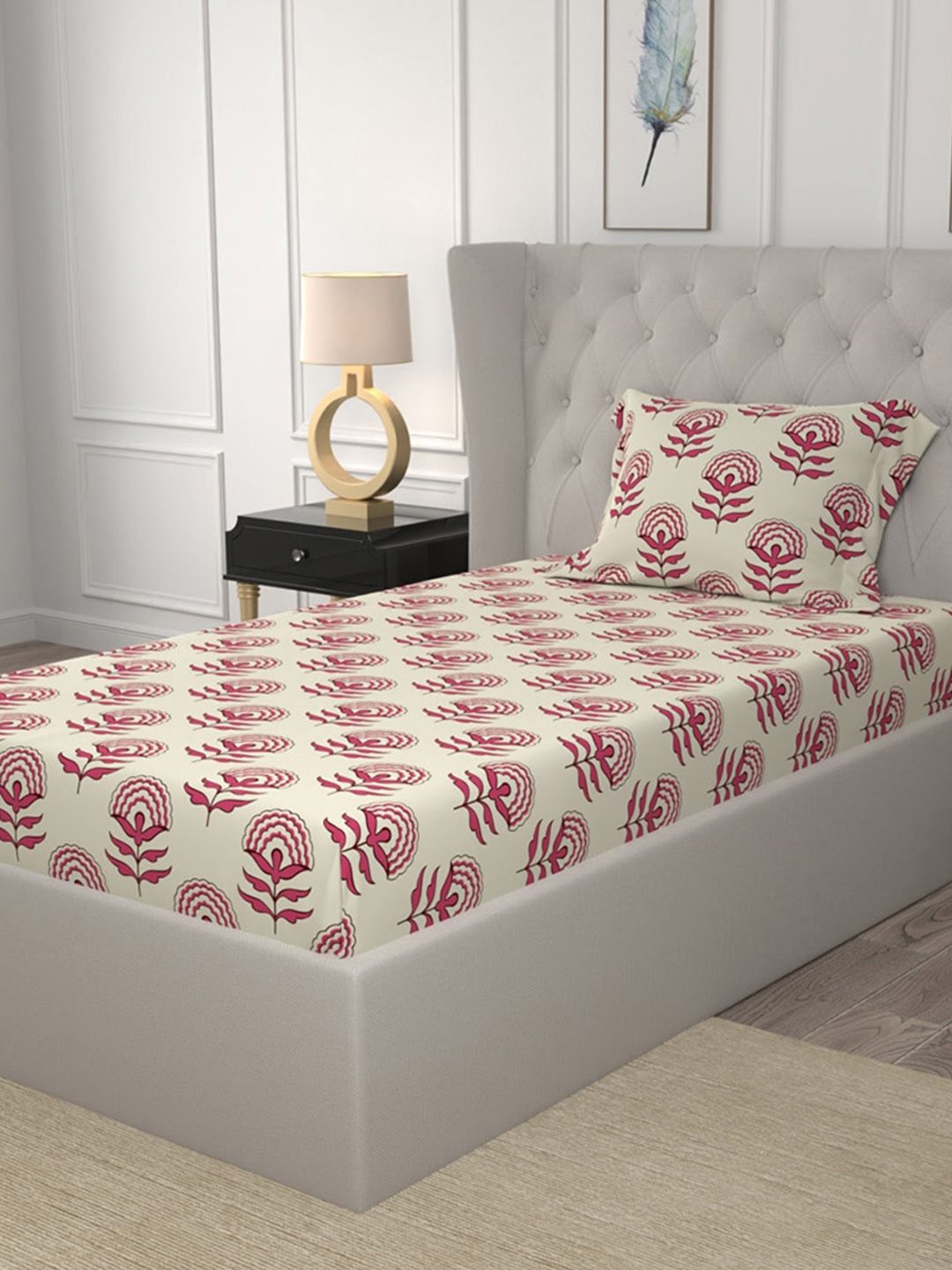 URBAN SPACE Florabell Cherry Red 200 TC Floral Single Bedsheet
