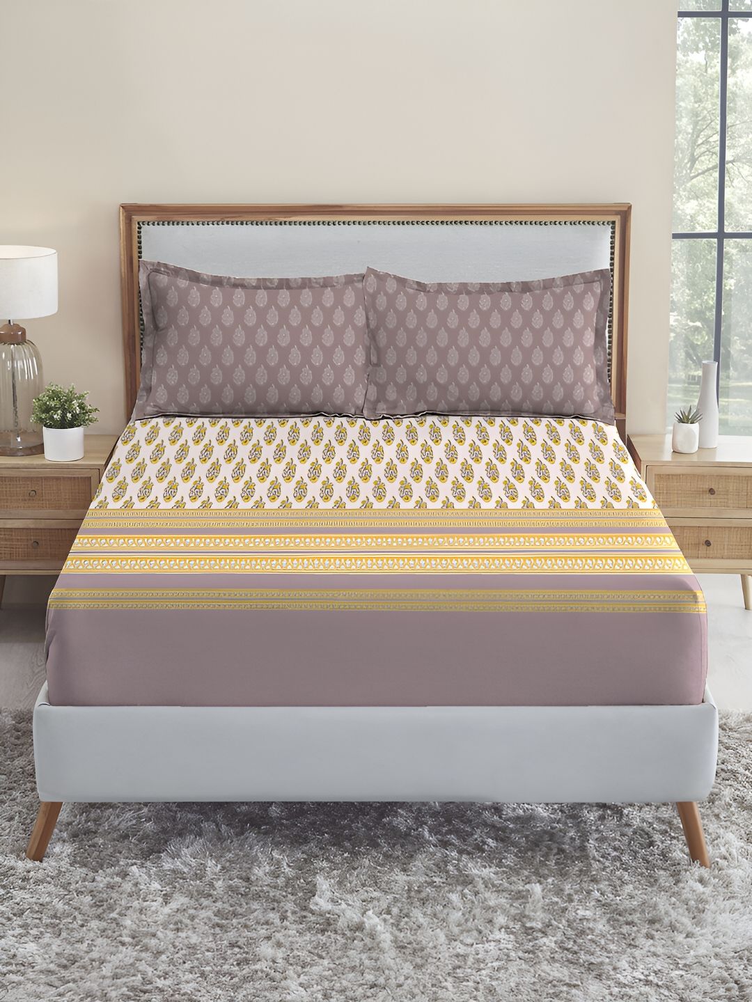 MYTRIDENT Purple Ethnic Motifs 210 TC Cotton Fitted King Bedsheet with 2 Pillow Covers