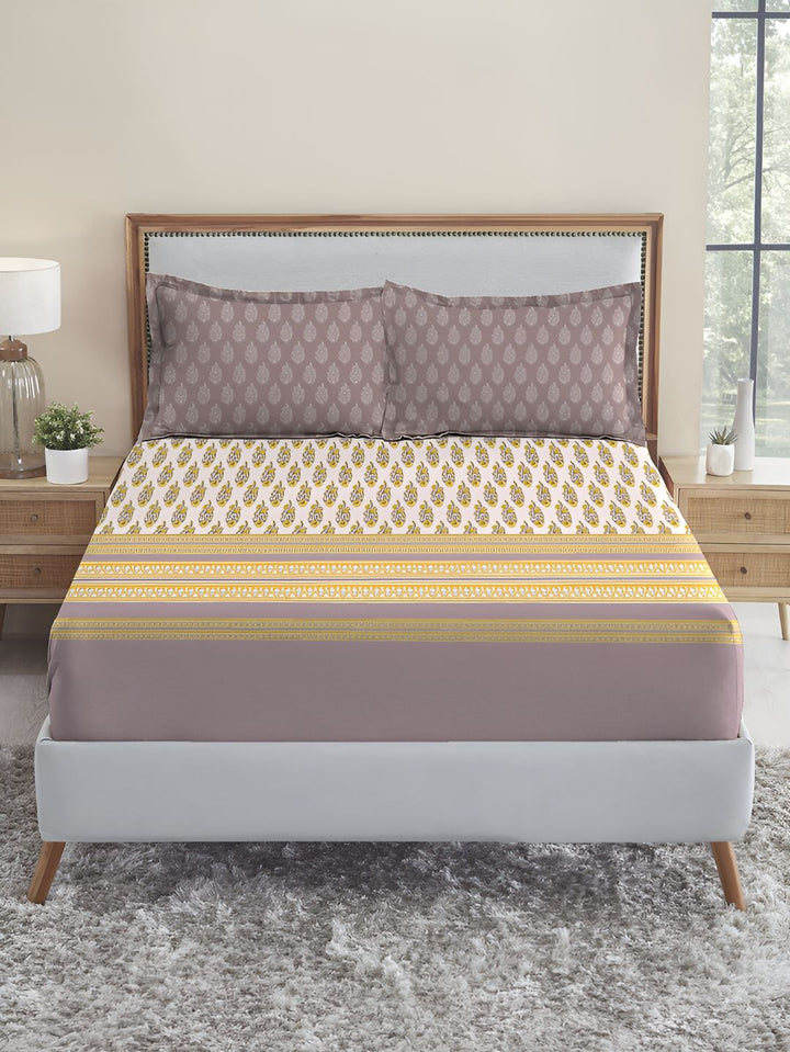 MYTRIDENT Purple Ethnic Motifs 210 TC Cotton Fitted King Bedsheet with 2 Pillow Covers