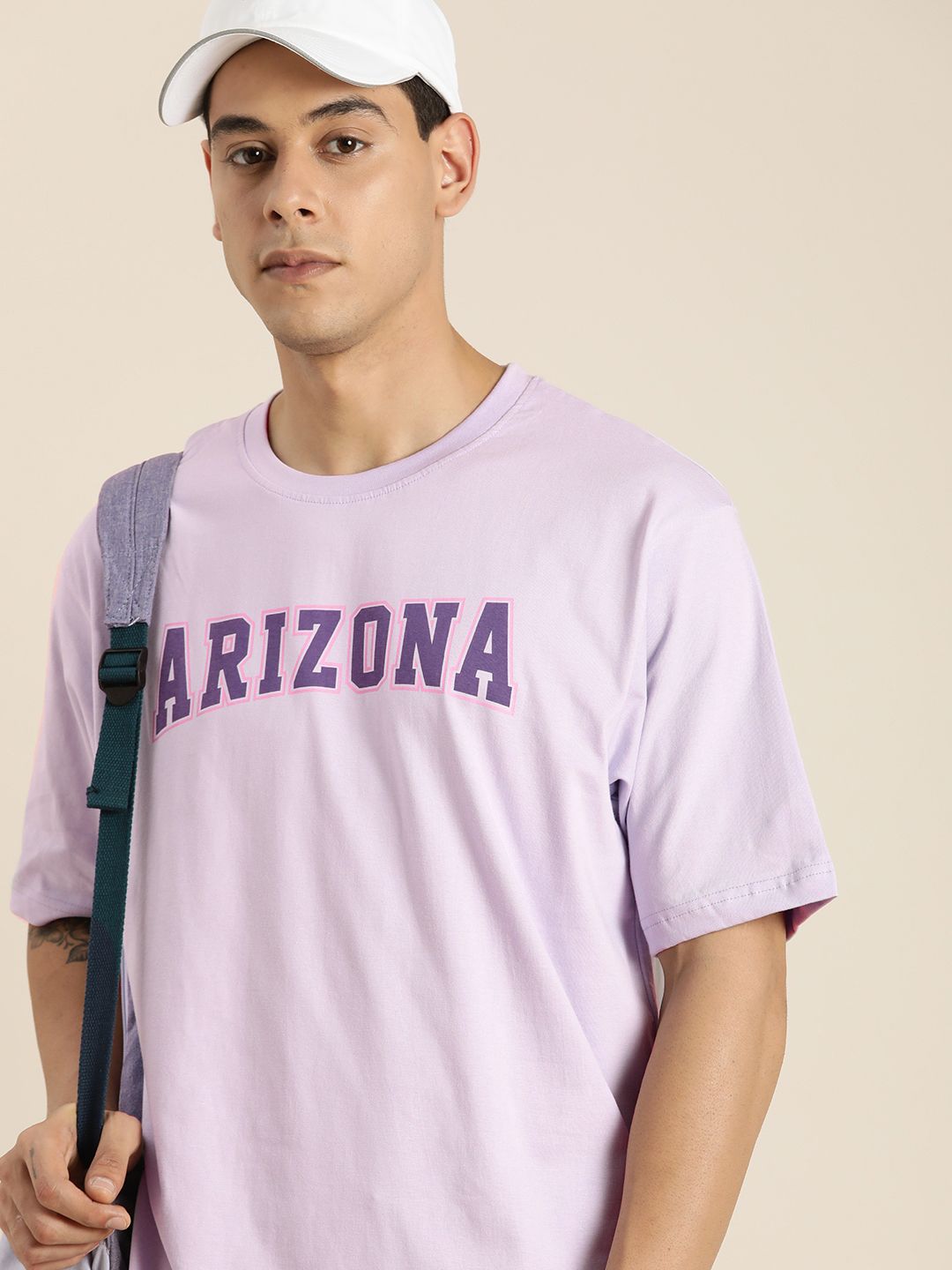DILLINGER Men Lavender Printed Drop-Shoulder Sleeves Pure Cotton Oversized  T-shirt