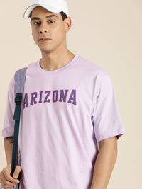 DILLINGER Men Lavender Printed Drop-Shoulder Sleeves Pure Cotton Oversized  T-shirt