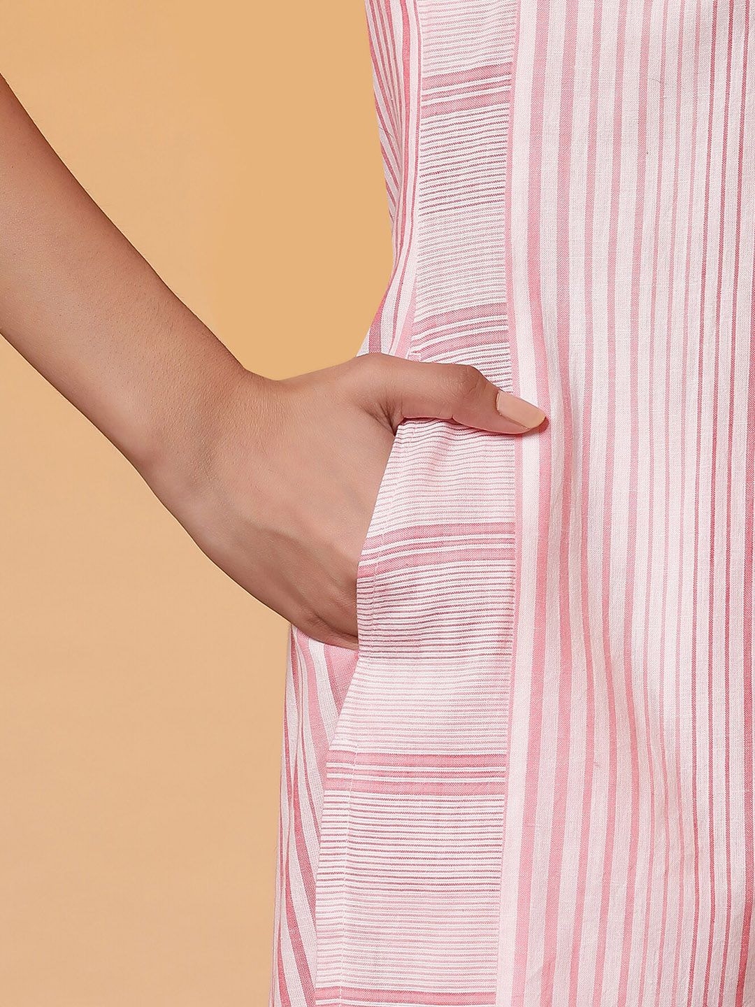 AURELIA Striped Band Collar Regular Pure Cotton Straight Kurta with Trousers