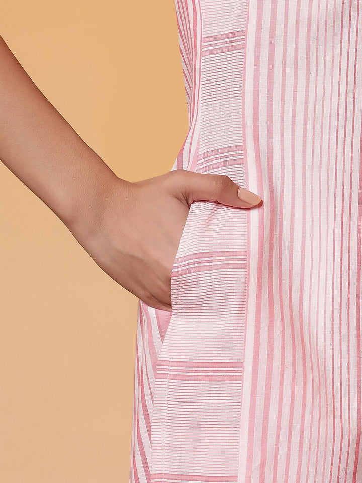 AURELIA Striped Band Collar Regular Pure Cotton Straight Kurta with Trousers