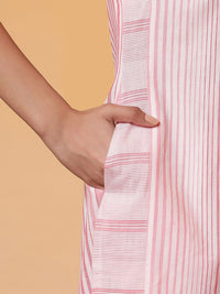 AURELIA Striped Band Collar Regular Pure Cotton Straight Kurta with Trousers